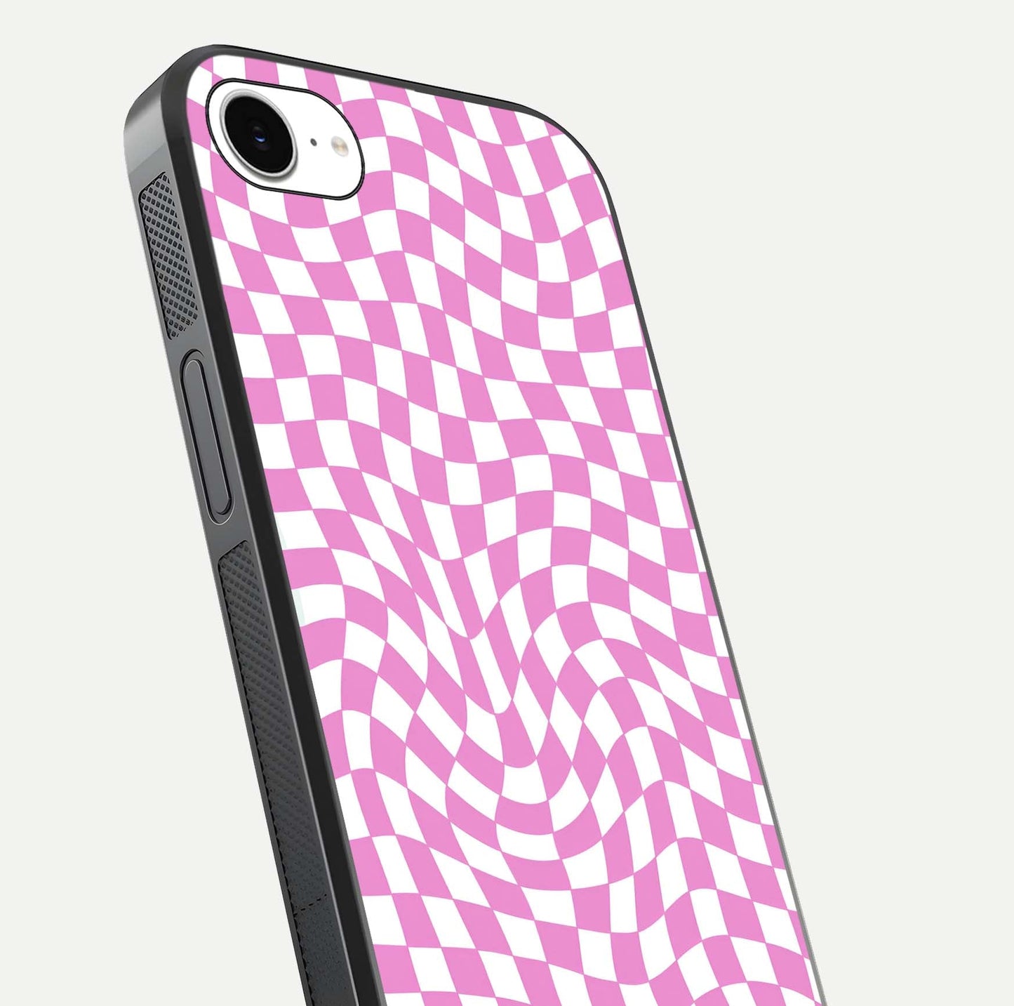 Bubblegum Check Wave iPhone 16e glass phone case angled back view highlighting check wave artwork and side grip texture
