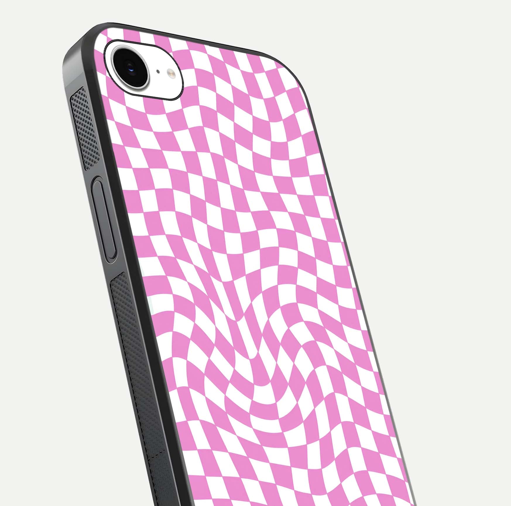 Bubblegum Check Wave iPhone 16e glass phone case angled back view highlighting check wave artwork and side grip texture