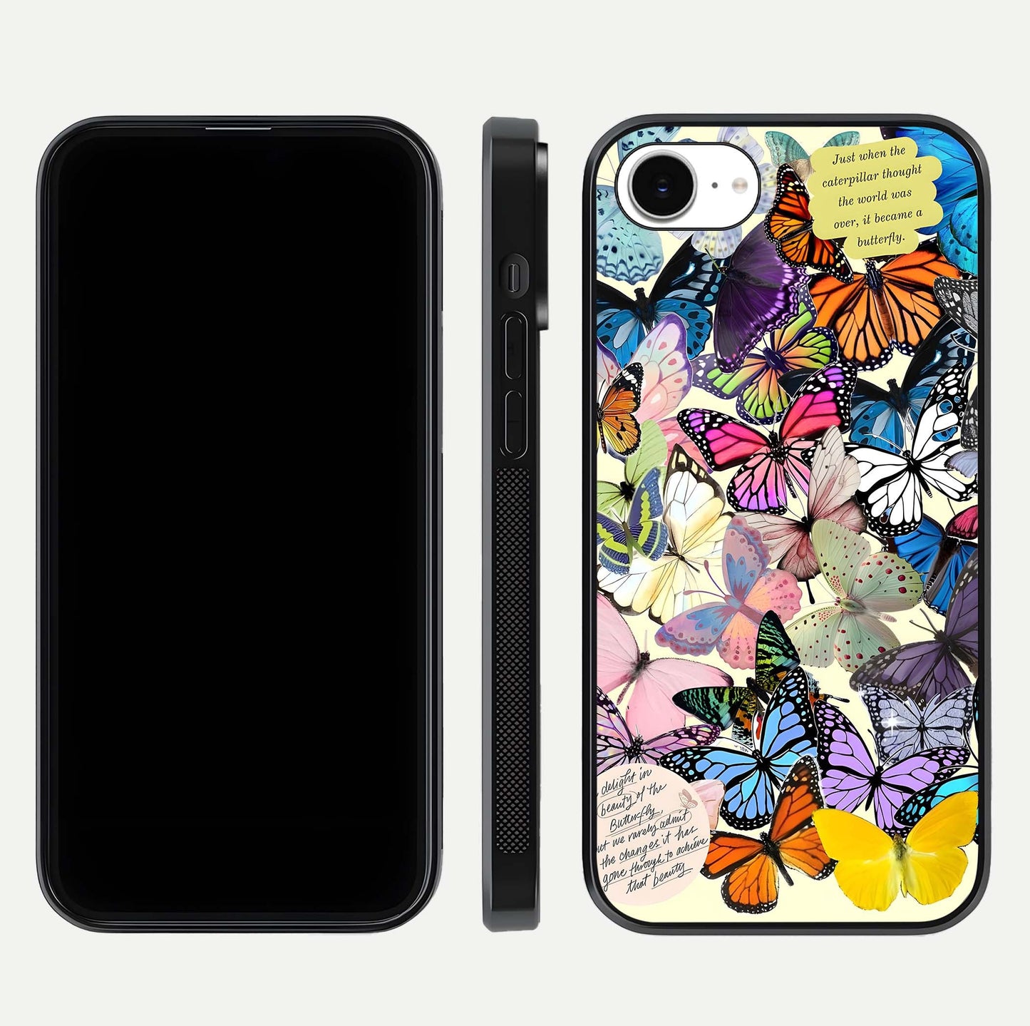 Butterflies Petal Dream Glass Case for iPhone 16e front-and-back layout showcasing floral spread and reflection shine