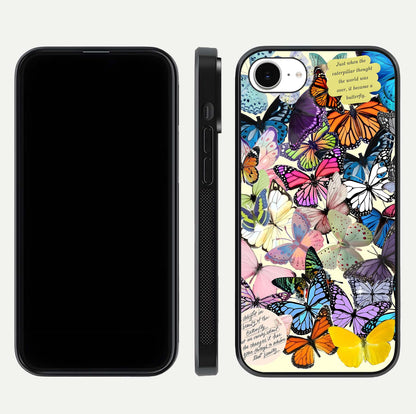 Butterflies Petal Dream Glass Case for iPhone 16e front-and-back layout showcasing floral spread and reflection shine