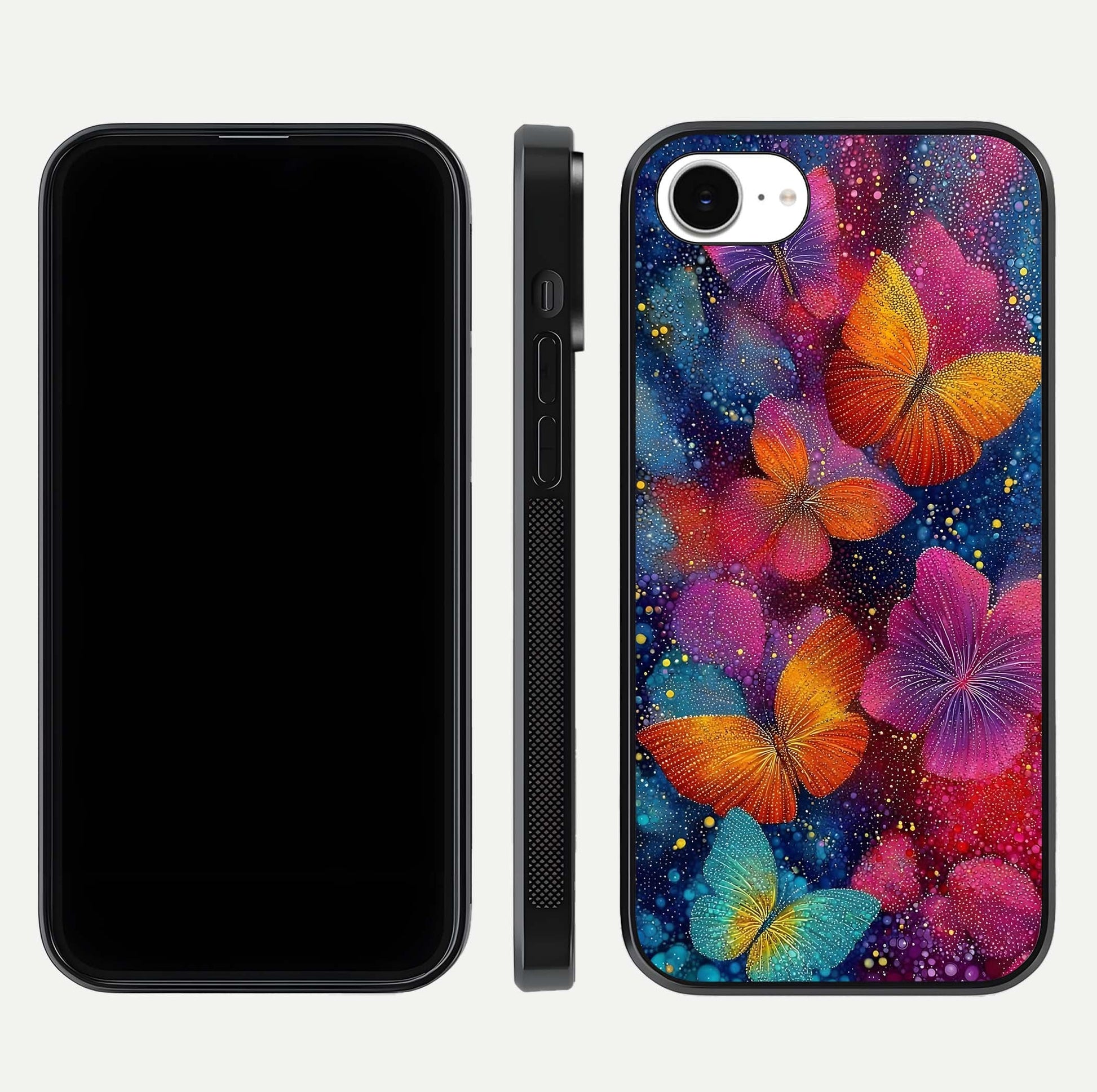 Butterfly Dream Mist Glass Case for iPhone 16e dual-view layout showing mist background and edge polish