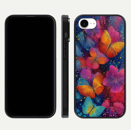 Butterfly Dream Mist Glass Case for iPhone 16e dual-view layout showing mist background and edge polish