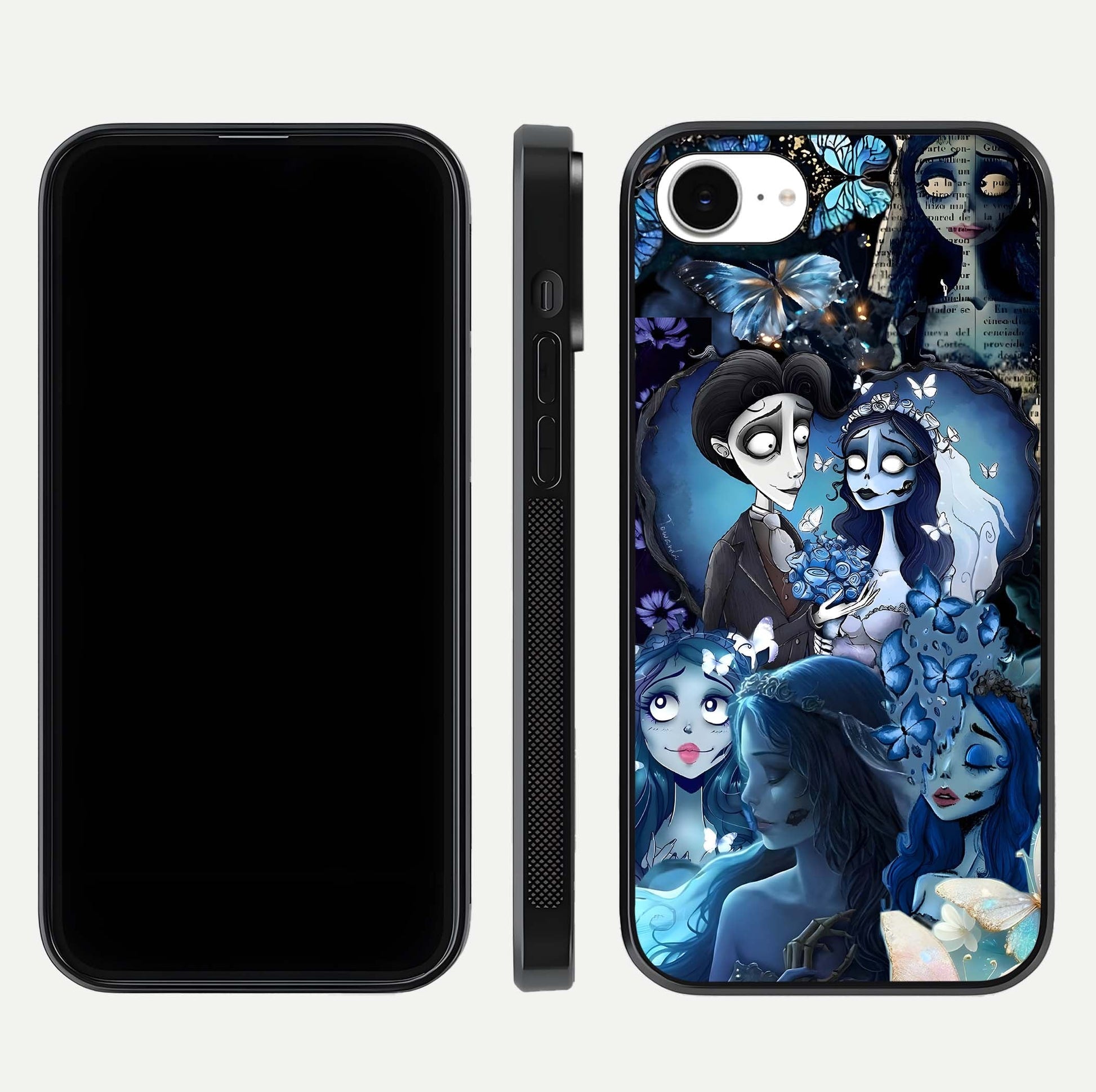 Butterfly Ghost Soul Glass Case for iPhone 16e front-and-back layout highlighting dark art balance and HD shine
