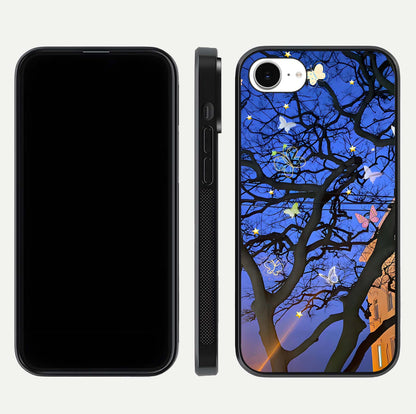 Butterfly Night Magic Glass Case for iPhone 16e dual-view layout displaying balanced art and edge clarity