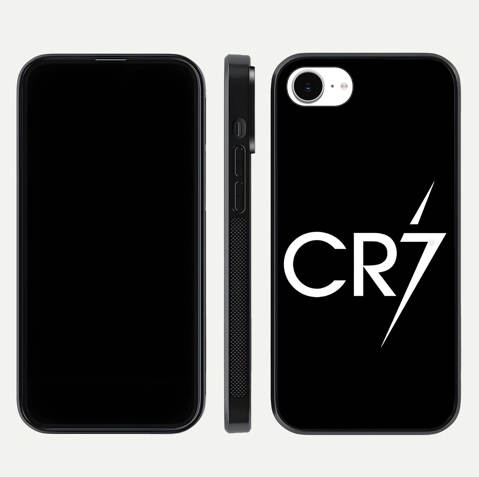 CR7 Elite Strike Glass Case for iPhone 16e dual-view layout showing sport tones and edge clarity