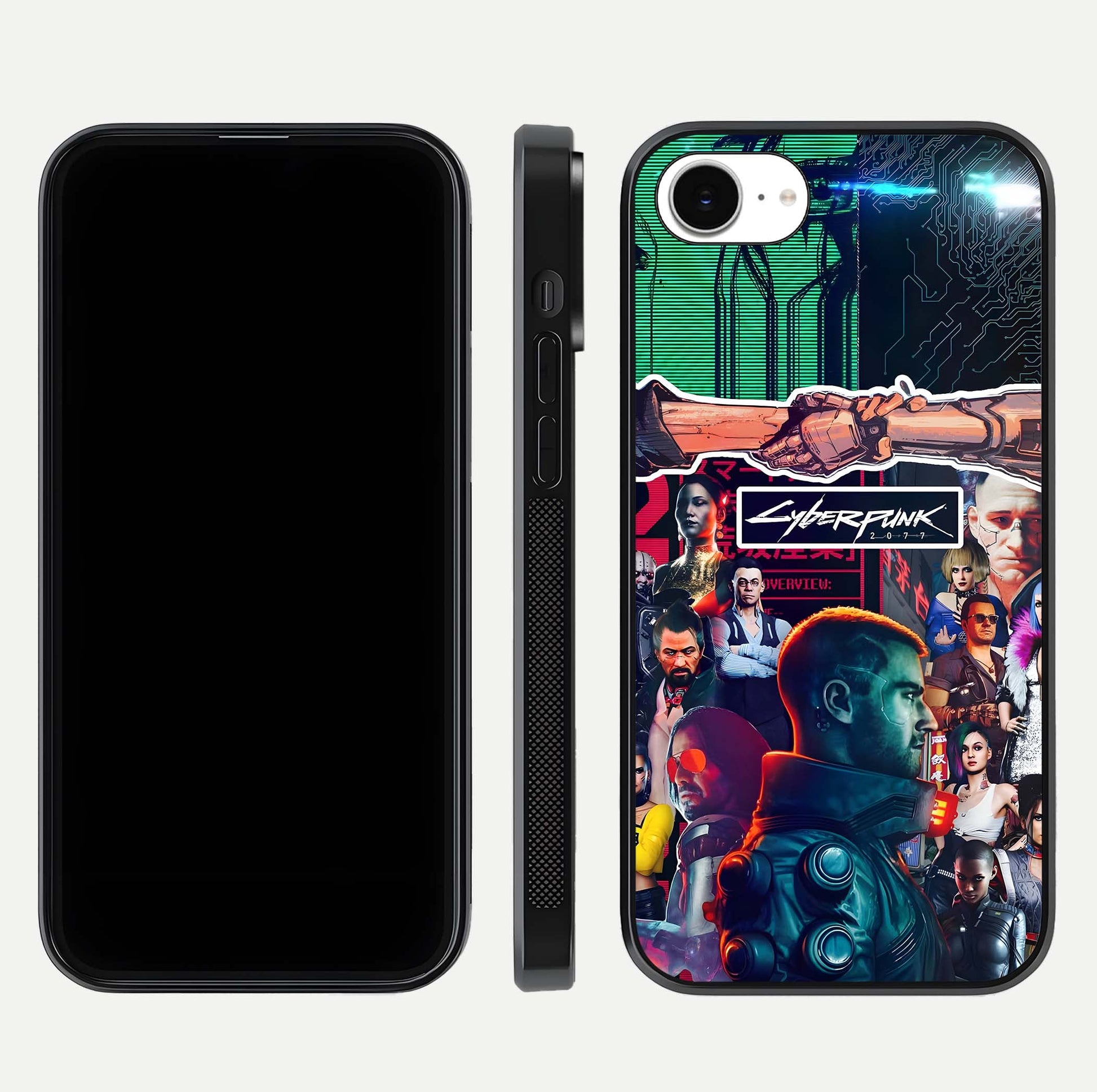CYBERPUNK Legacy Glass Case for iPhone 16e dual-view layout showing cyberpunk hues and glass precision