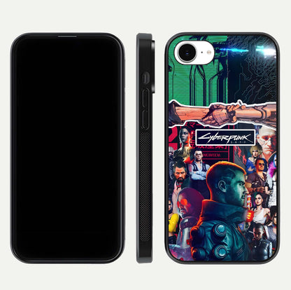 CYBERPUNK Legacy Glass Case for iPhone 16e dual-view layout showing cyberpunk hues and glass precision