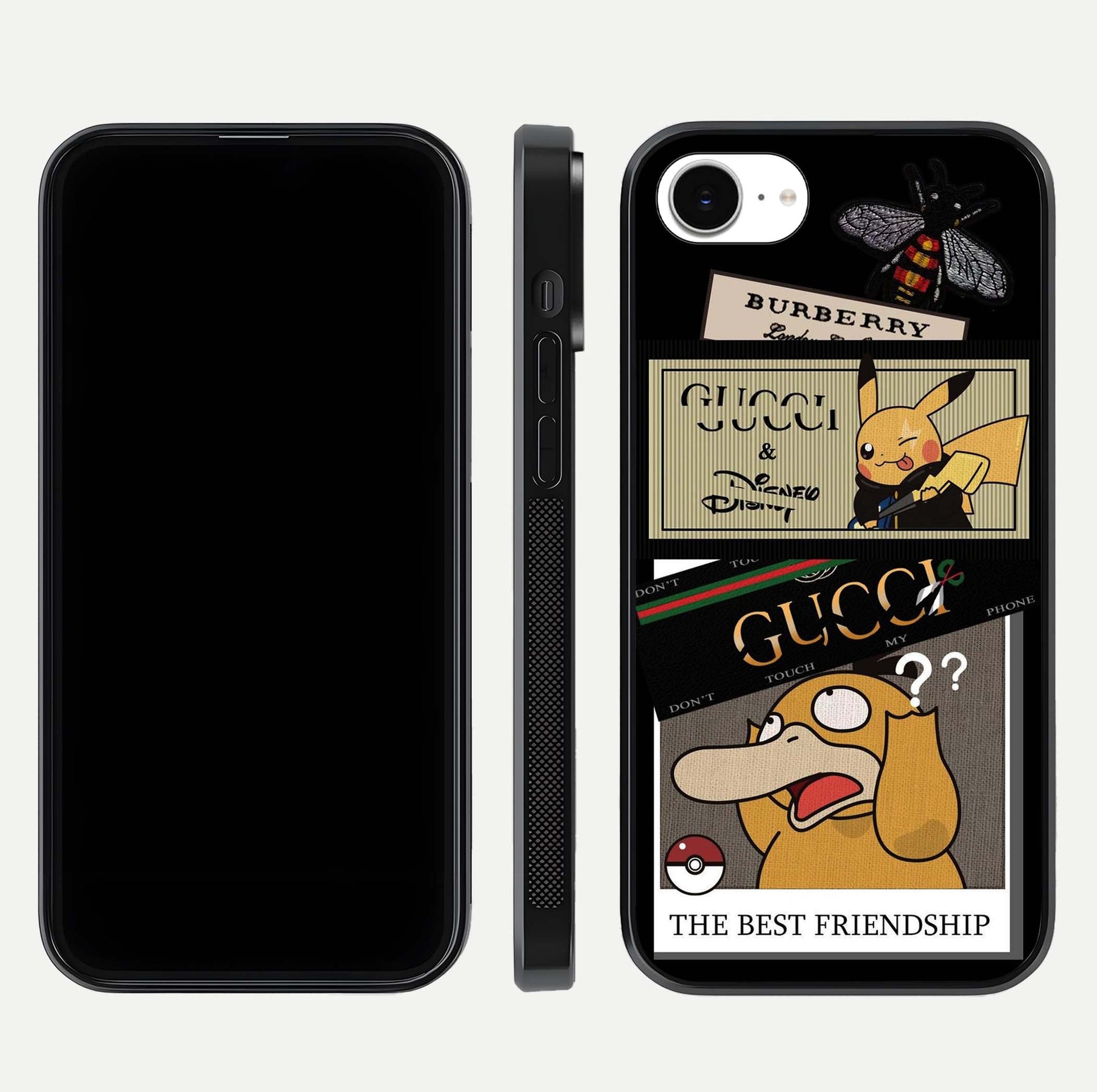 Cartoon Brand Play Mashup Glass Case for iPhone 16e front and back view layout highlighting multi-logo artwork and curved edges