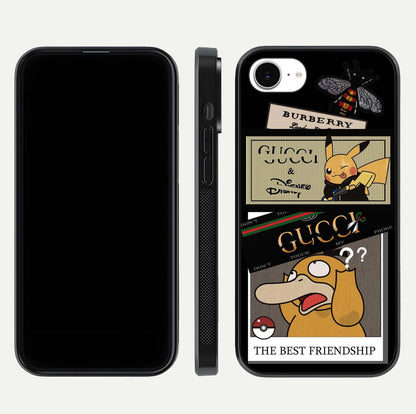 Cartoon Brand Play Mashup Glass Case for iPhone 16e front and back view layout highlighting multi-logo artwork and curved edges