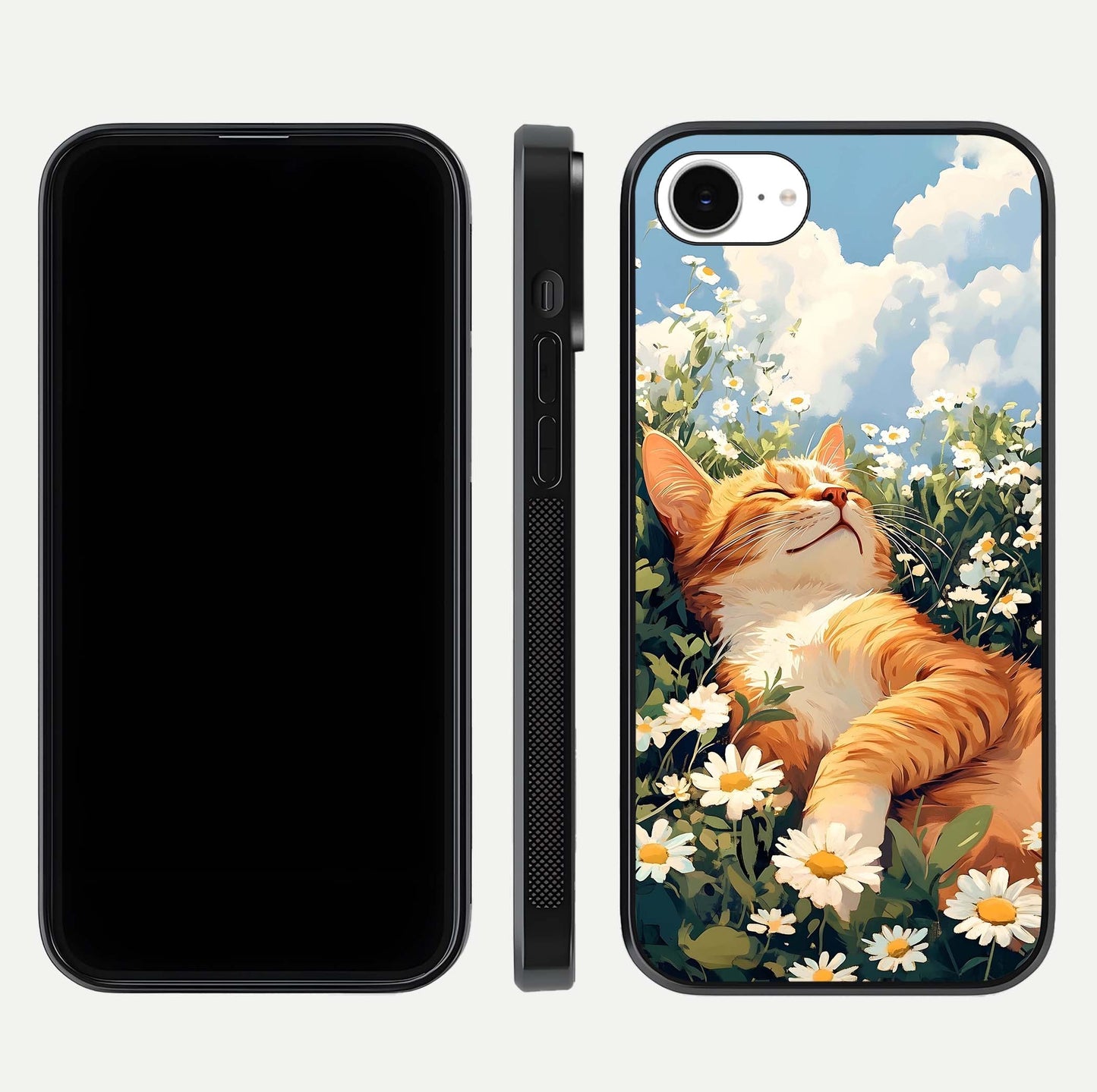 Cat & Flowers View Glass Case for iPhone 16e front-and-back layout showing floral balance and gloss surface