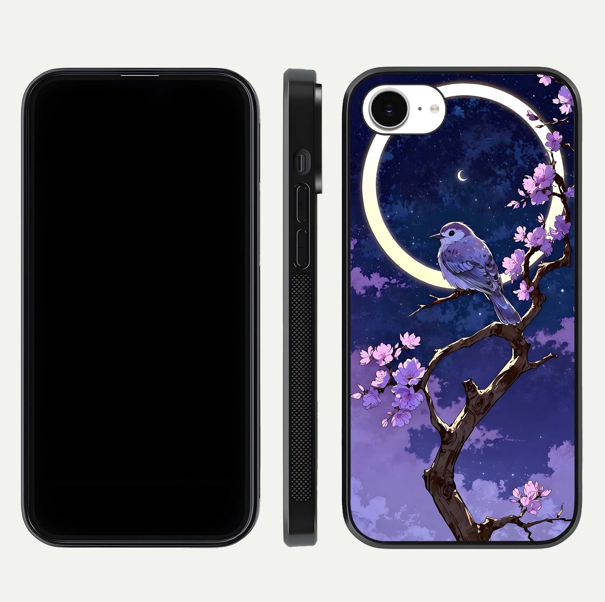 Celestial Bird Blossom Glass Case for iPhone 16e dual-view layout showing art composition and edge clarity