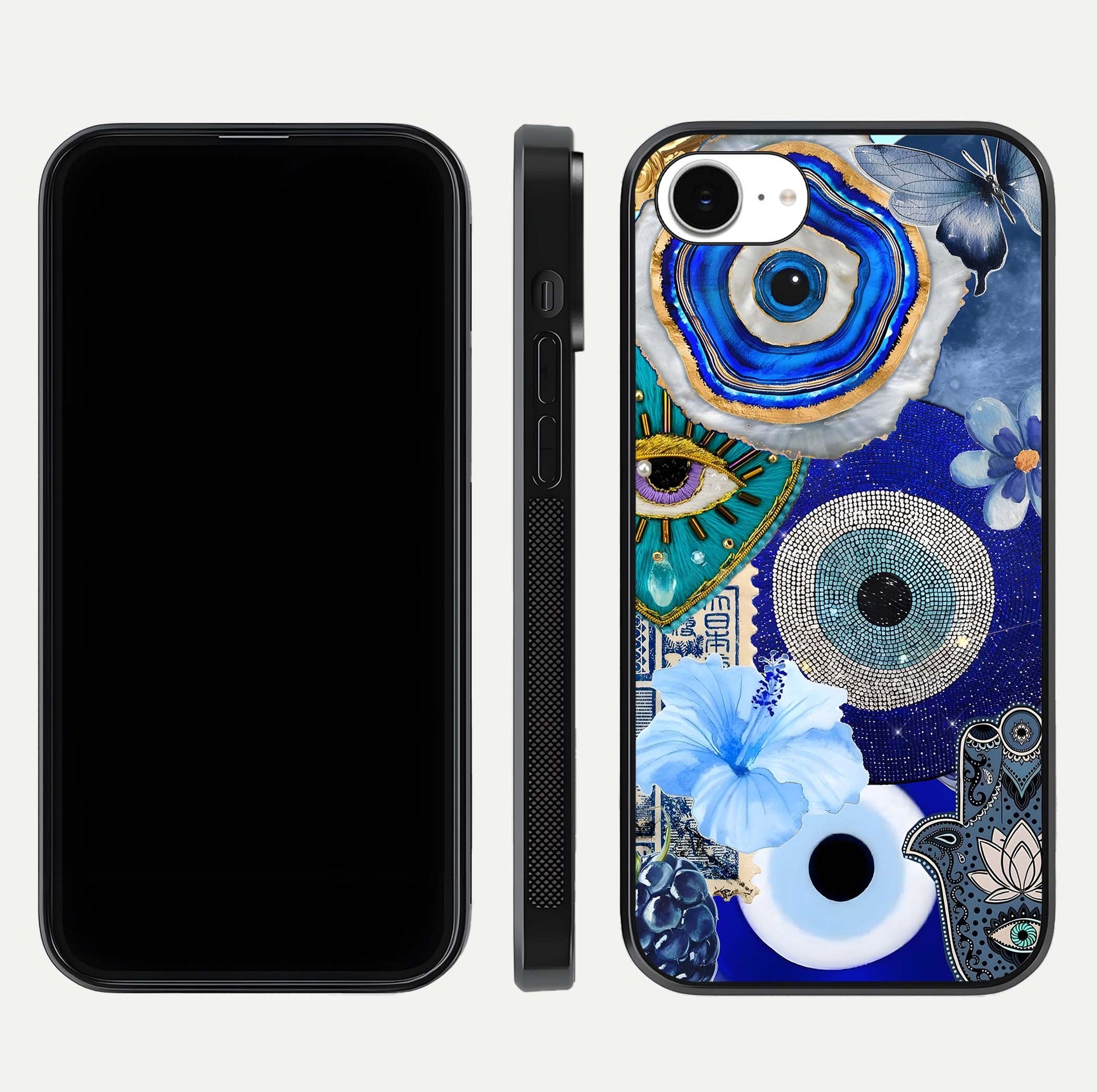 Celestial Blue Vision Glass Case for iPhone 16e dual-view layout showing celestial gradient and curved edges