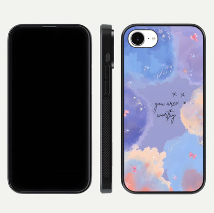 Celestial Cloud Magic Glass Case for iPhone 16e dual-view layout showcasing soft color transition and gloss shine