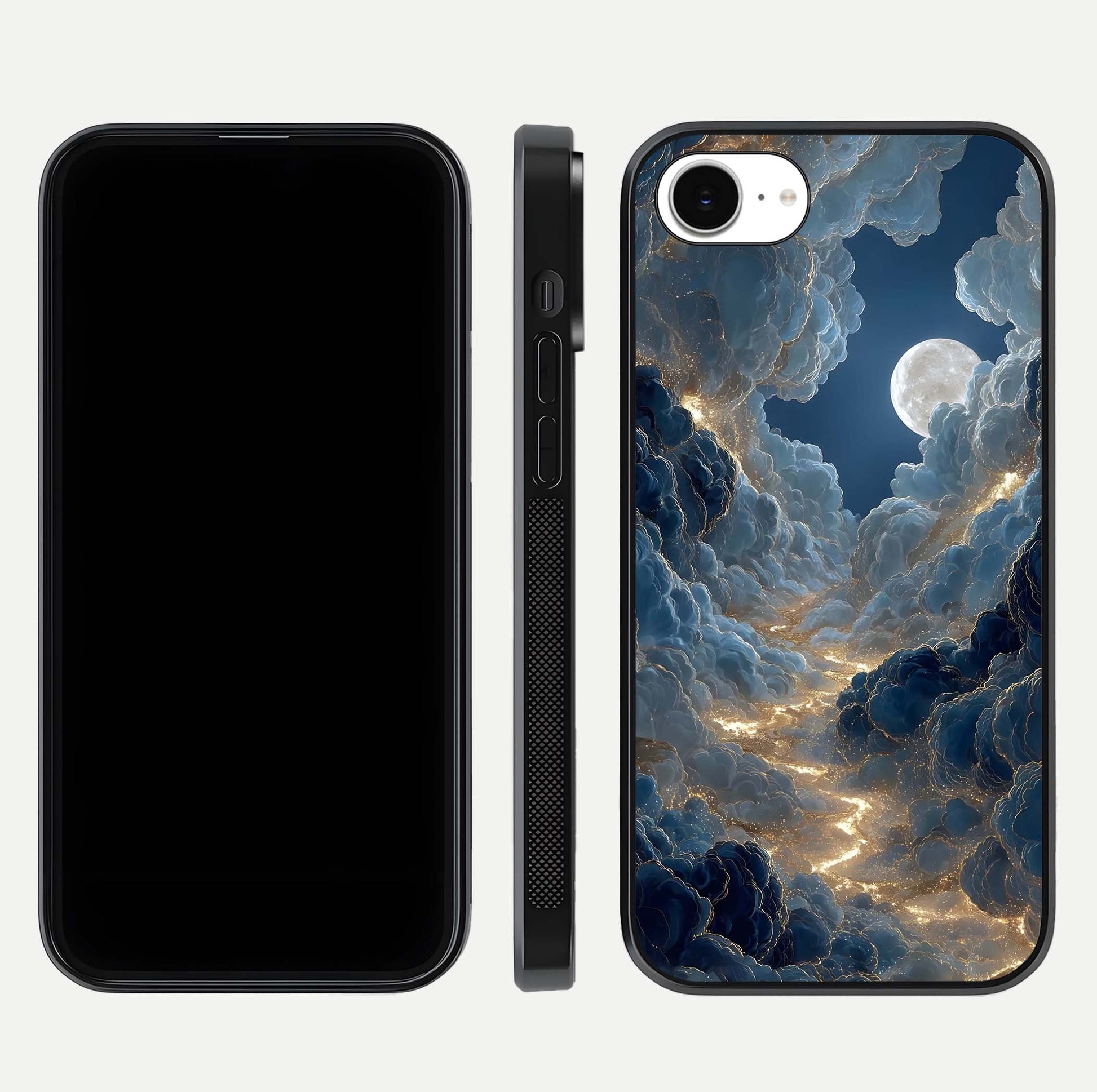 Celestial Cloud Road Glass Case for iPhone 16e front-and-back layout displaying balance between light and depth