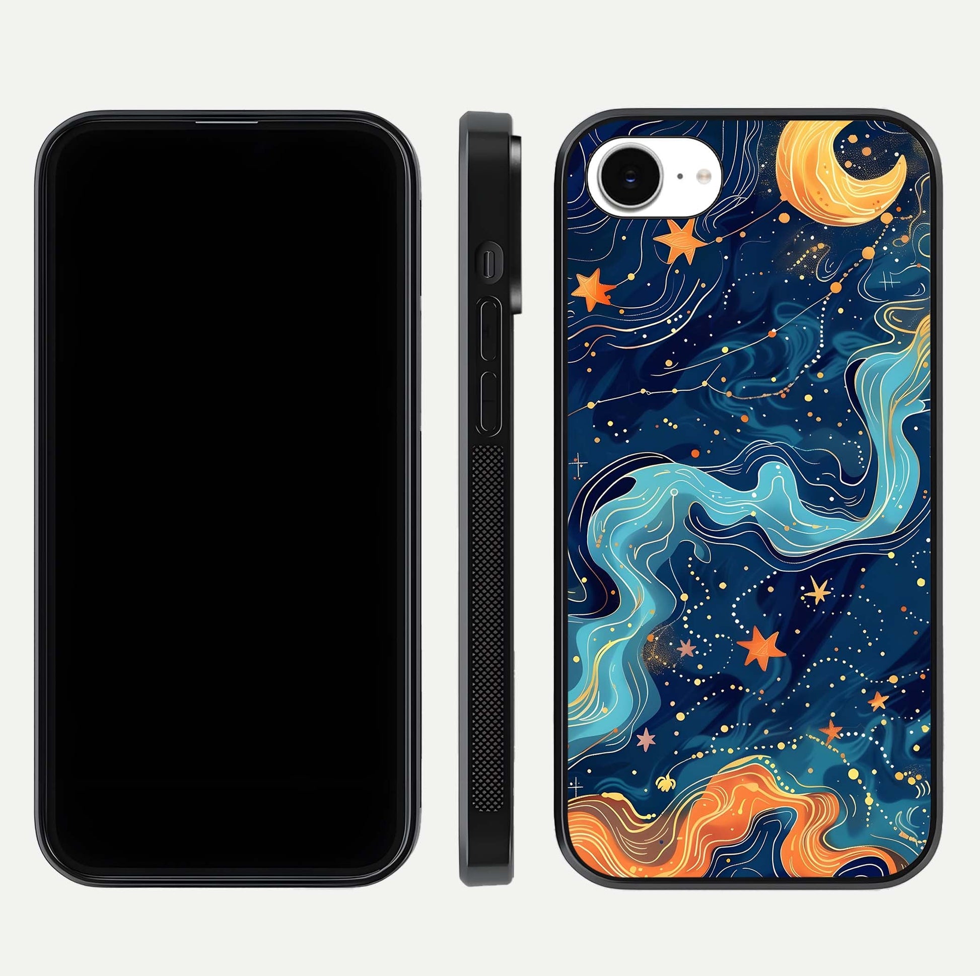 Celestial Dream Flow Glass Case for iPhone 16e dual-view layout showing abstract flow and curved glass