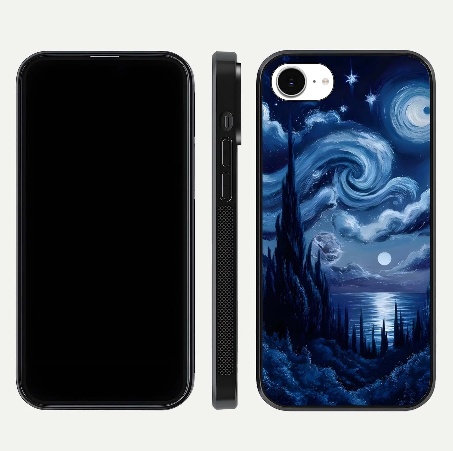Celestial Dream Van Gogh Glass Case for iPhone 16e dual-view layout displaying art texture and glass polish
