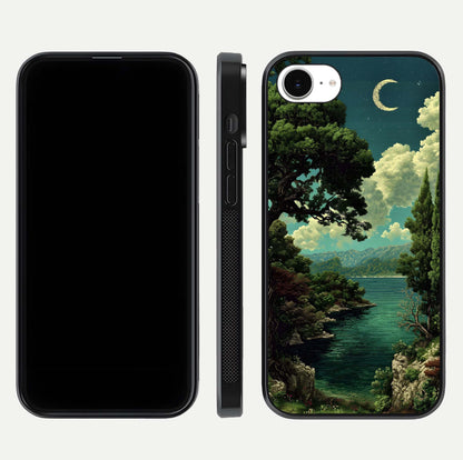 Celestial Lake Peace Glass Case for iPhone 16e dual-view layout showing soft hues and HD shine