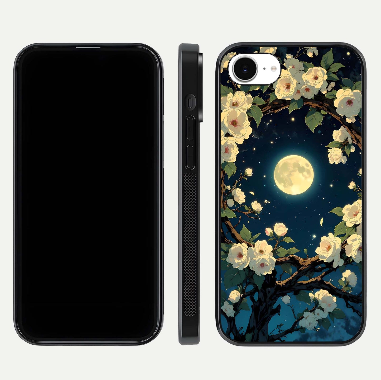 Celestial Moon & Flower Glass Case for iPhone 16e dual-view layout showing balanced lunar art and gloss tone