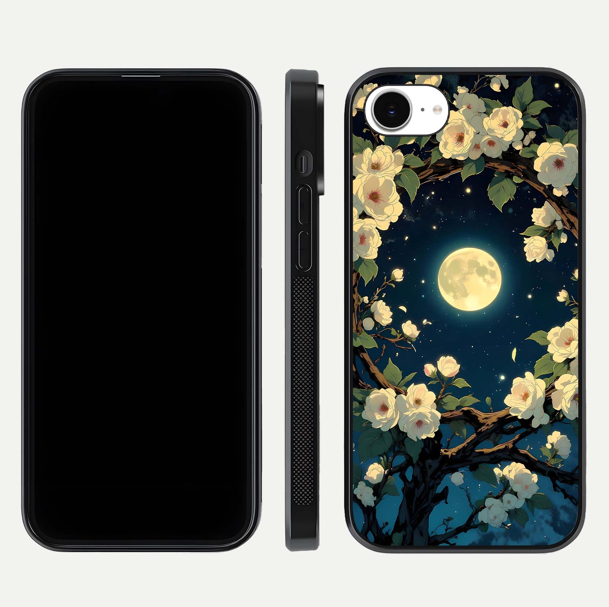 Celestial Moon & Flower Glass Case for iPhone 16e dual-view layout showing balanced lunar art and gloss tone