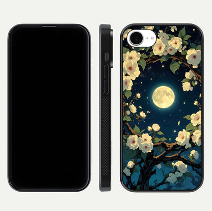 Celestial Moon & Flower Glass Case for iPhone 16e dual-view layout showing balanced lunar art and gloss tone