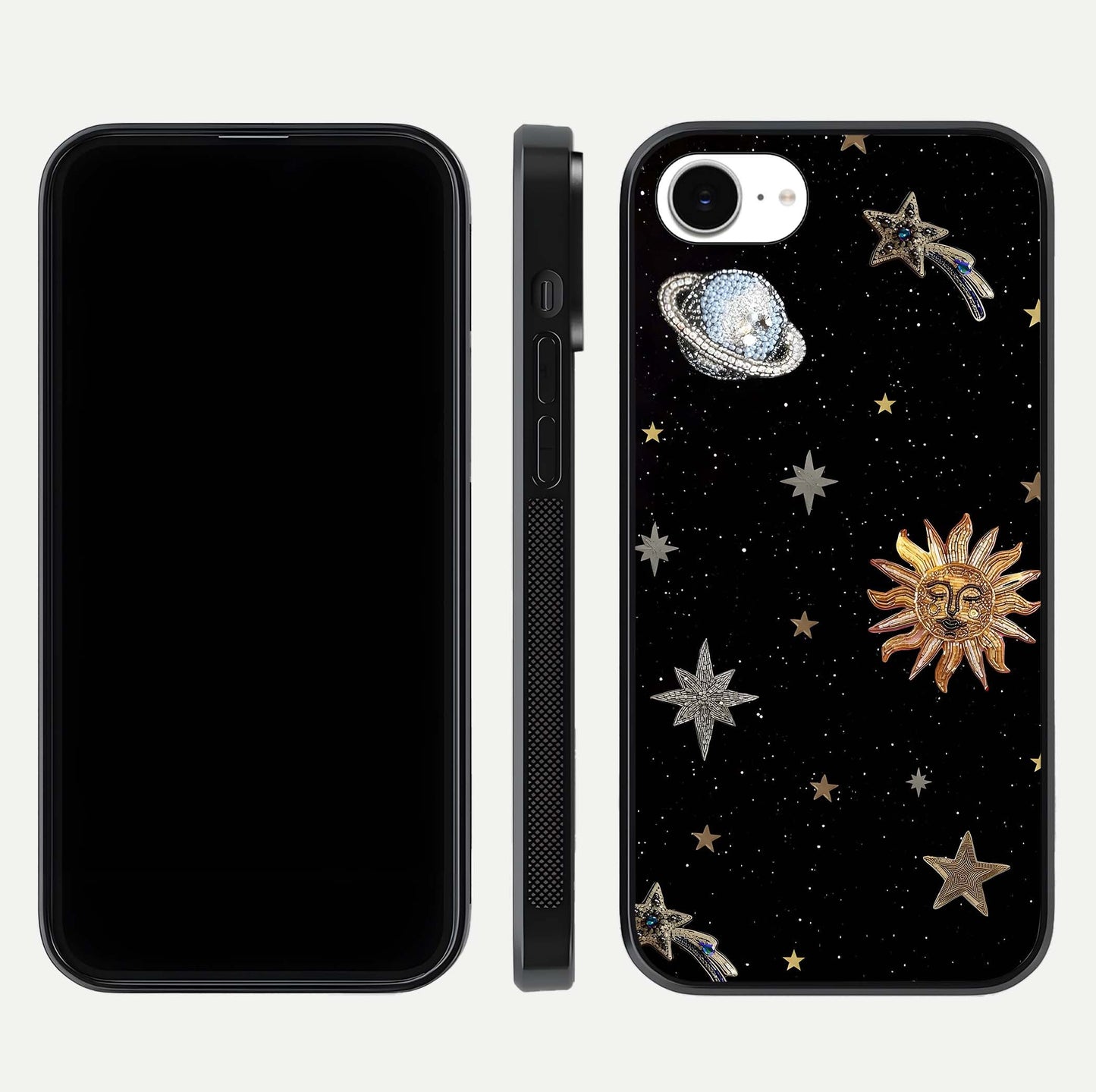 Celestial Moon With Stars Glass Case for iPhone 16e front-and-back layout displaying lunar art and premium finish