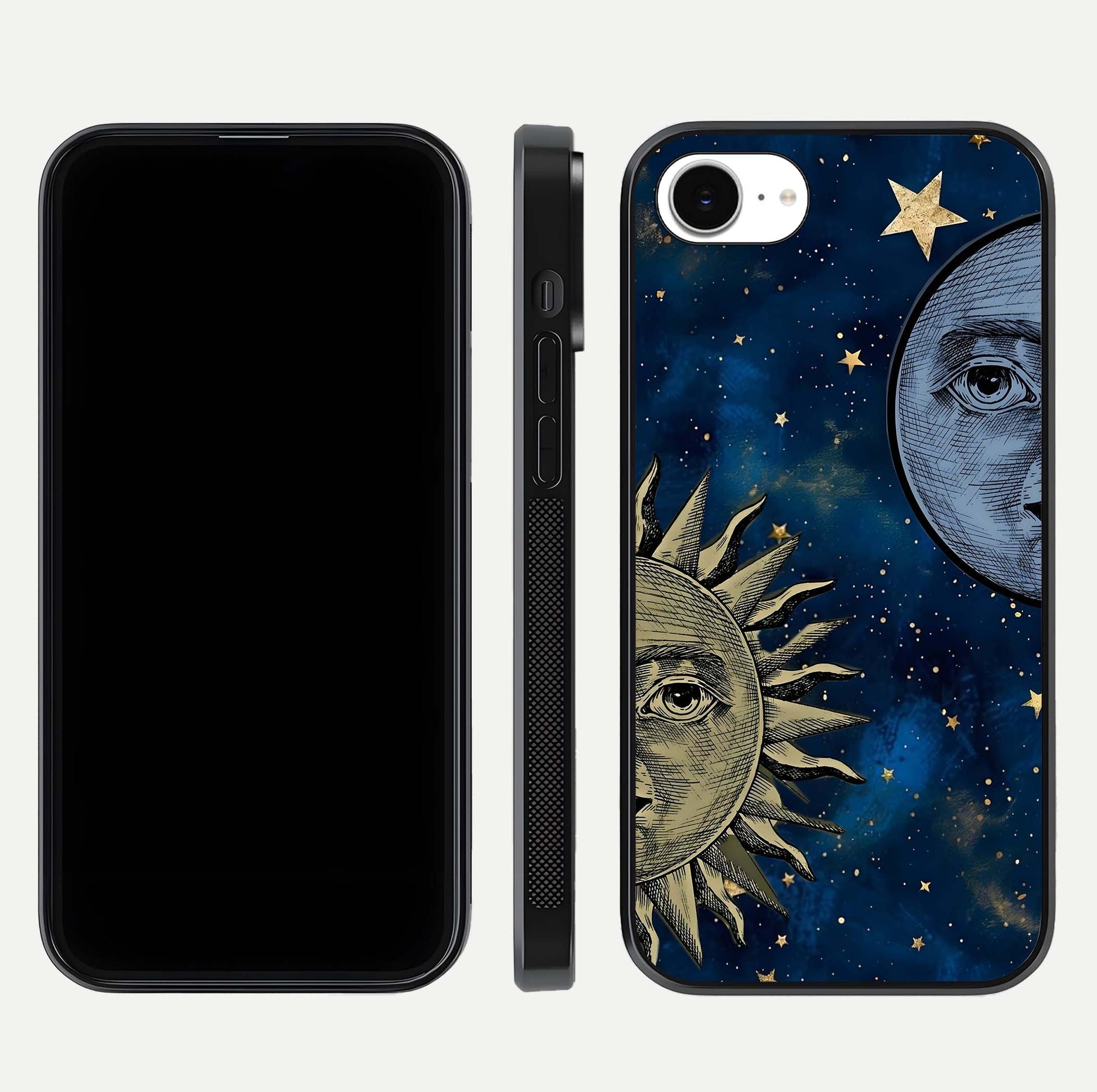 Celestial Moon With Sun Glass Case for iPhone 16e dual-view layout showing luminous pattern and curved edges