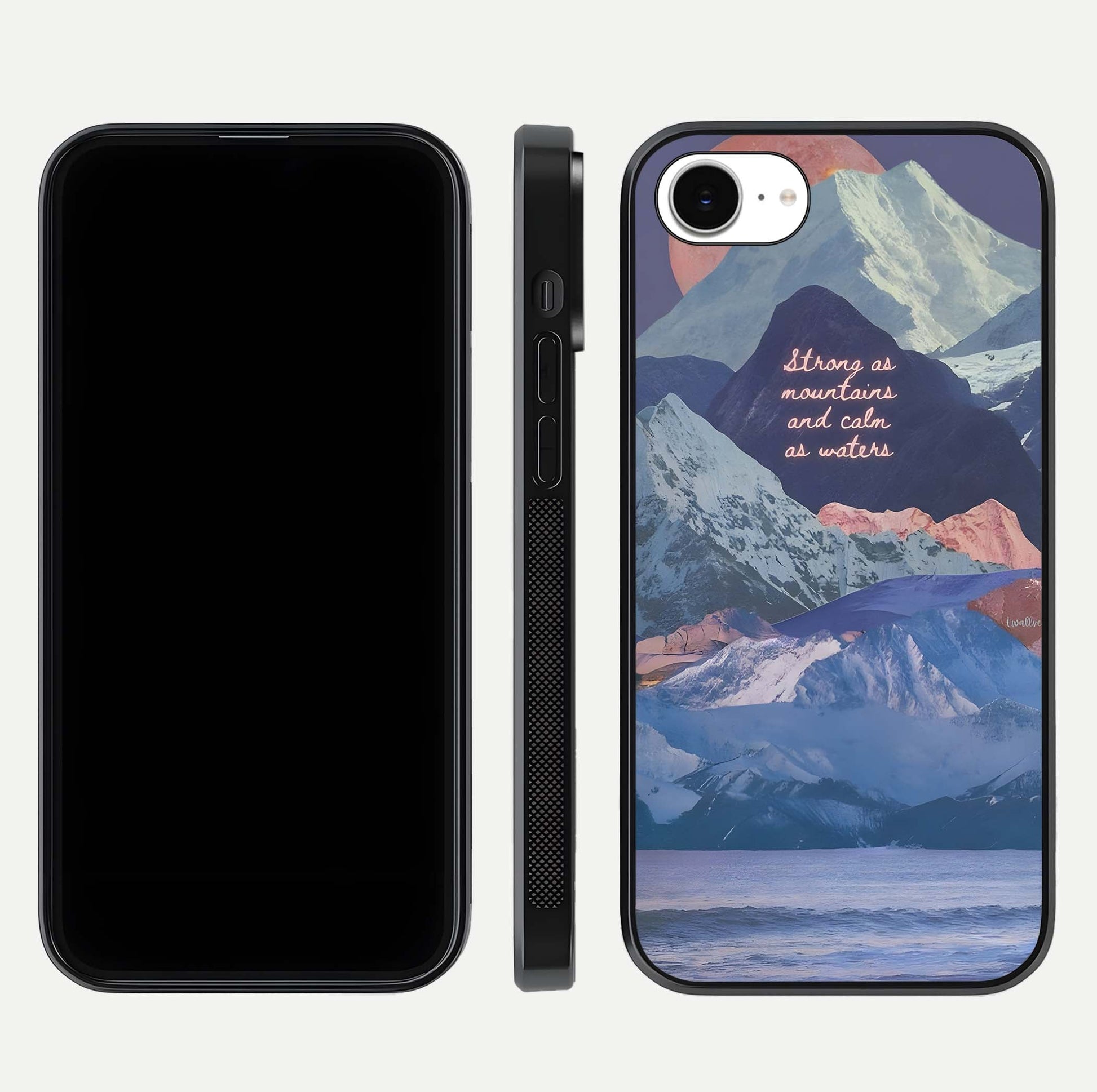 Celestial Mountain Calm Glass Case for iPhone 16e dual-view layout displaying scenic tones and curved finish