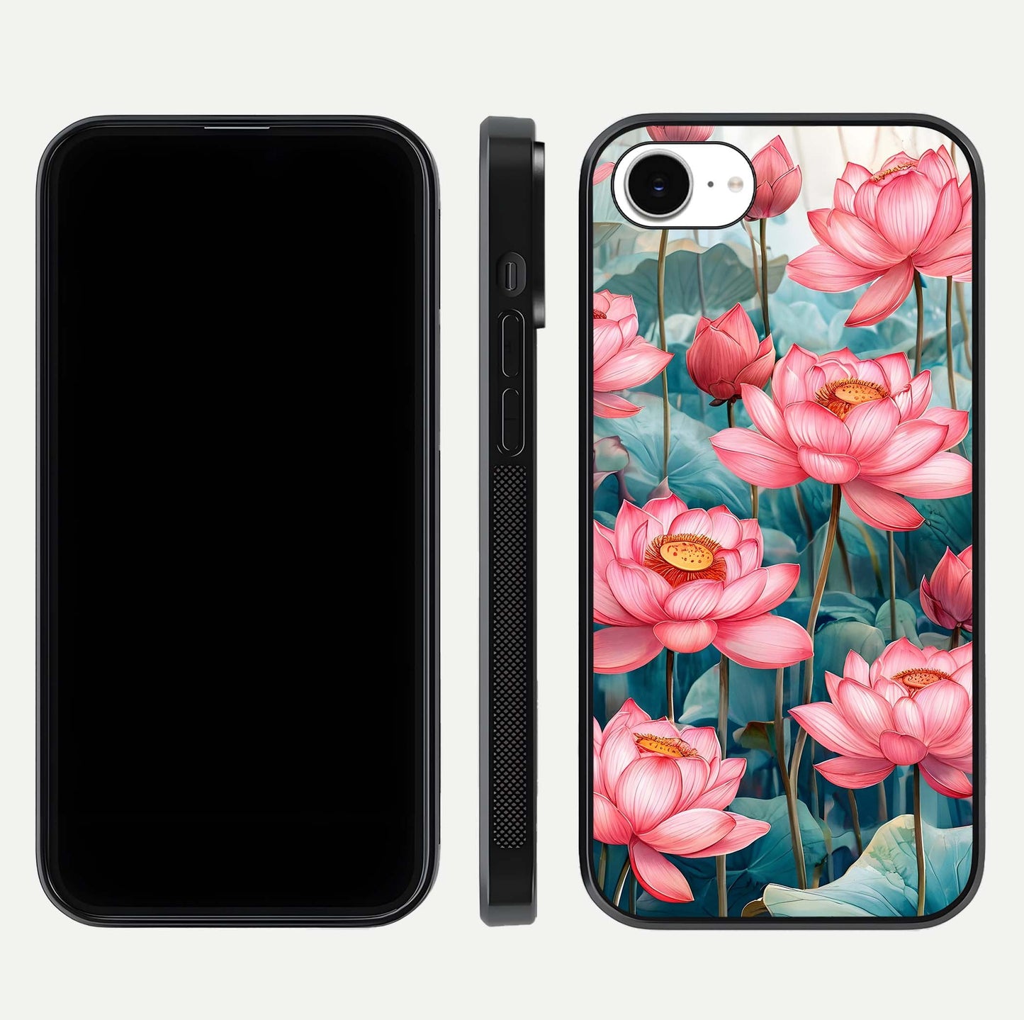 Celestial Pink Lotus Glass Case for iPhone 16e dual-view layout showing floral center and smooth edges