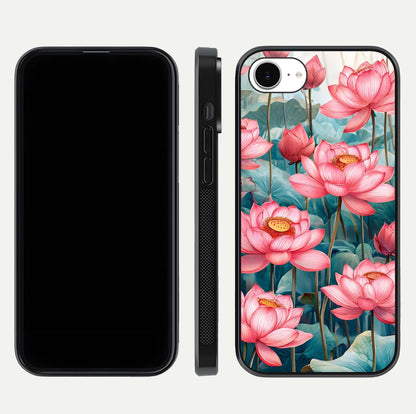 Celestial Pink Lotus Glass Case for iPhone 16e dual-view layout showing floral center and smooth edges