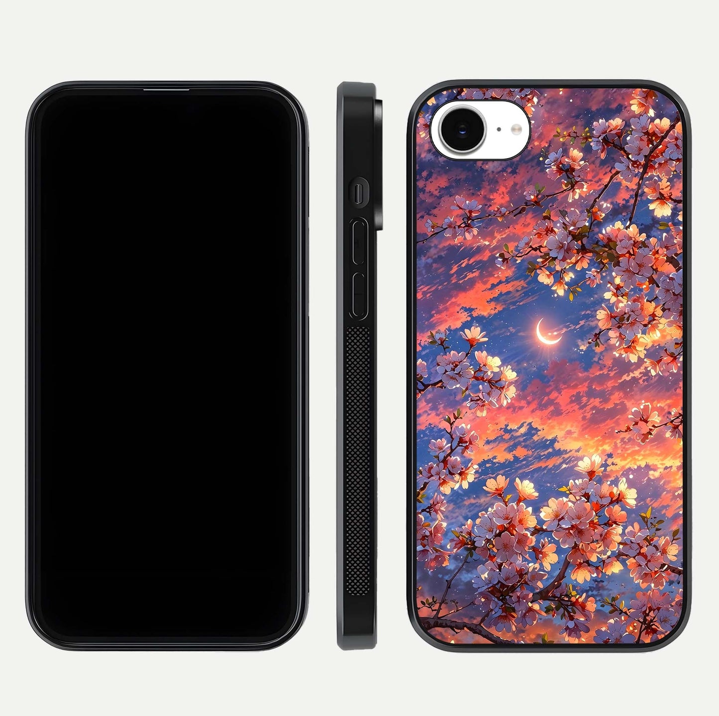Celestial Sakura Sunset Glass Case for iPhone 16e dual-view layout showing floral gradient and reflection polish