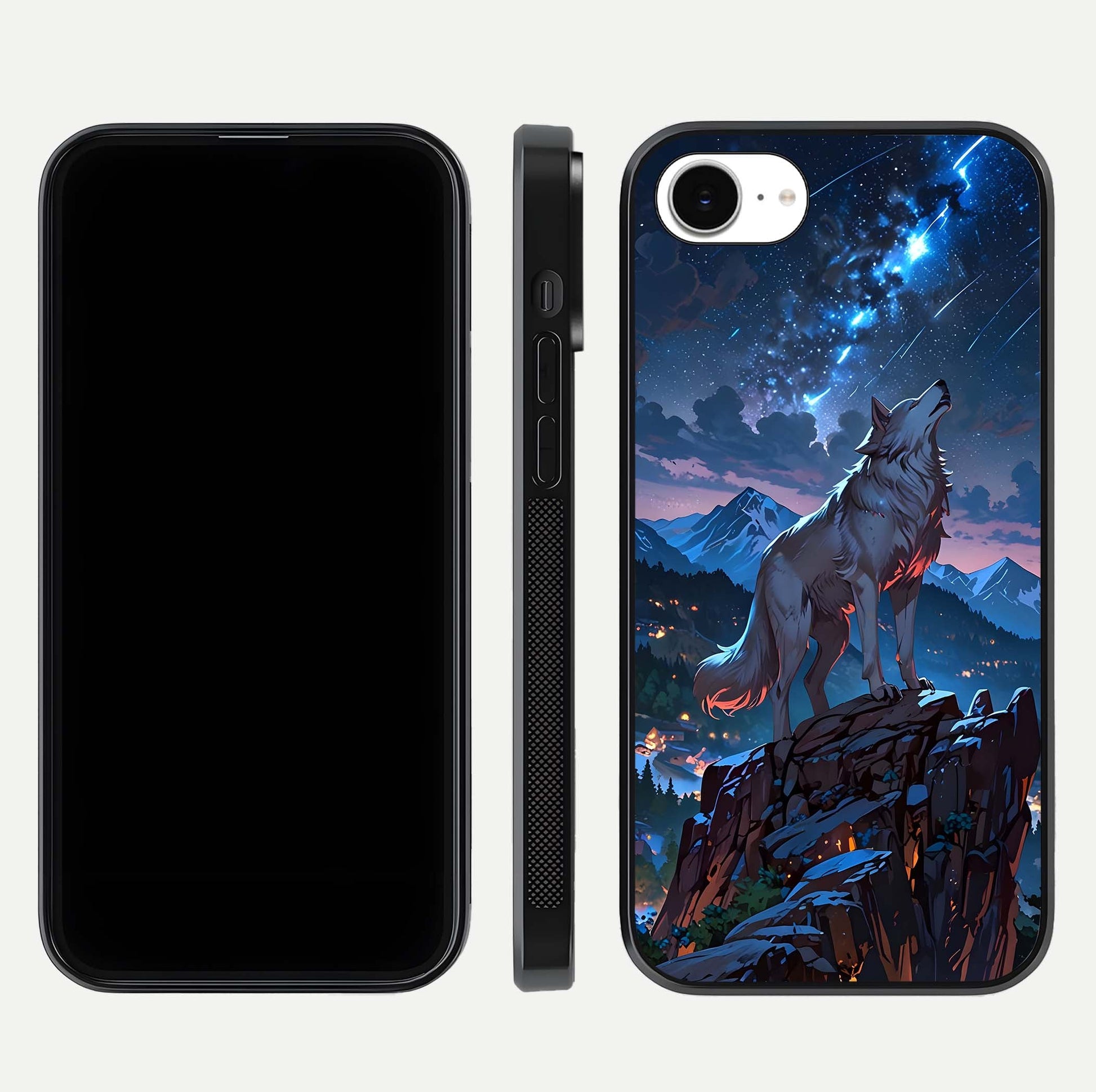 Celestial Wolf Howl Glass Case for iPhone 16e dual-view layout displaying night tones and protective glass edges