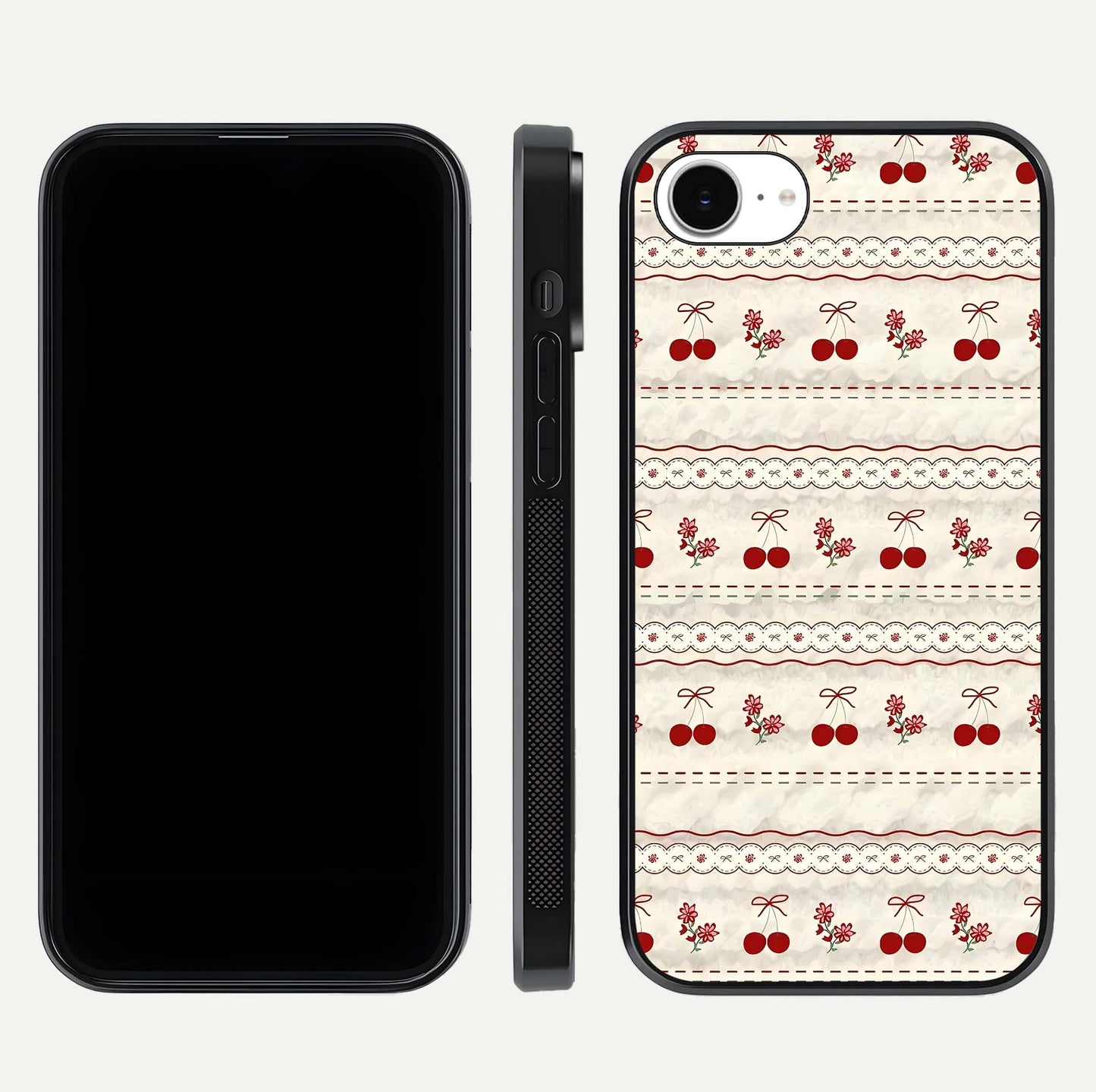 Cherry Bloom Charm Glass Case for iPhone 16e front-and-back layout displaying floral art and smooth finish