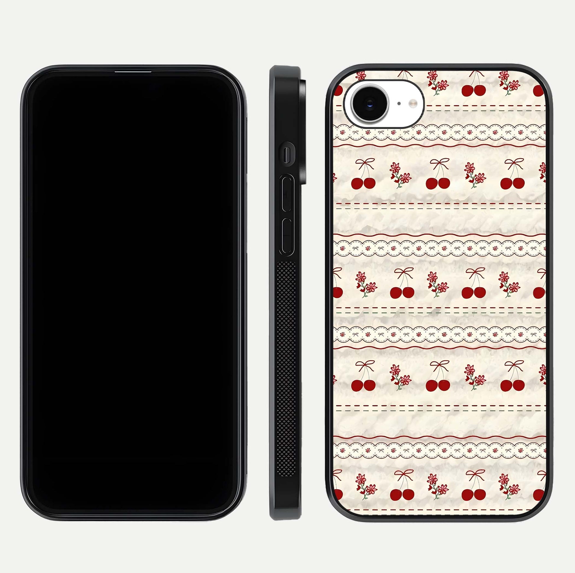 Cherry Bloom Charm Glass Case for iPhone 16e front-and-back layout displaying floral art and smooth finish