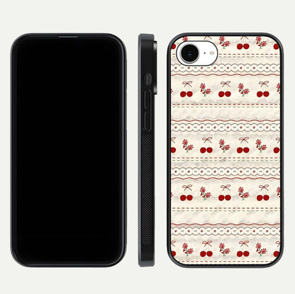 Cherry Bloom Charm Glass Case for iPhone 16e front-and-back layout displaying floral art and smooth finish