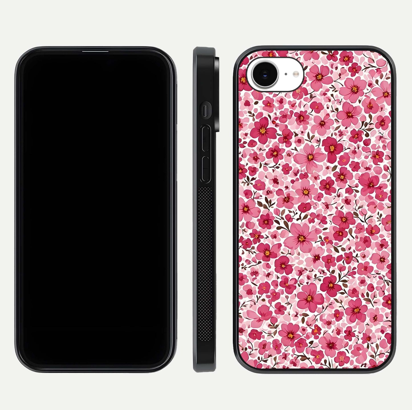 Cherry Blossom Charm Glass Case for iPhone 16e dual-view layout showing elegant floral balance and HD gloss