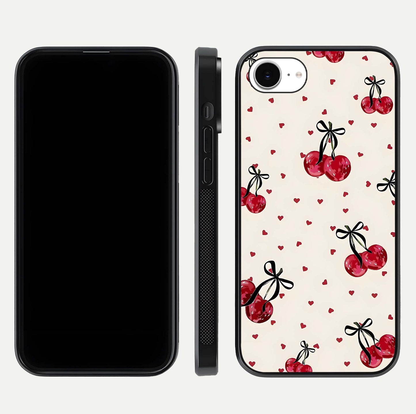 Cherry Heart Bow Glass Case for iPhone 16e front-and-back view showing design clarity and edge protection