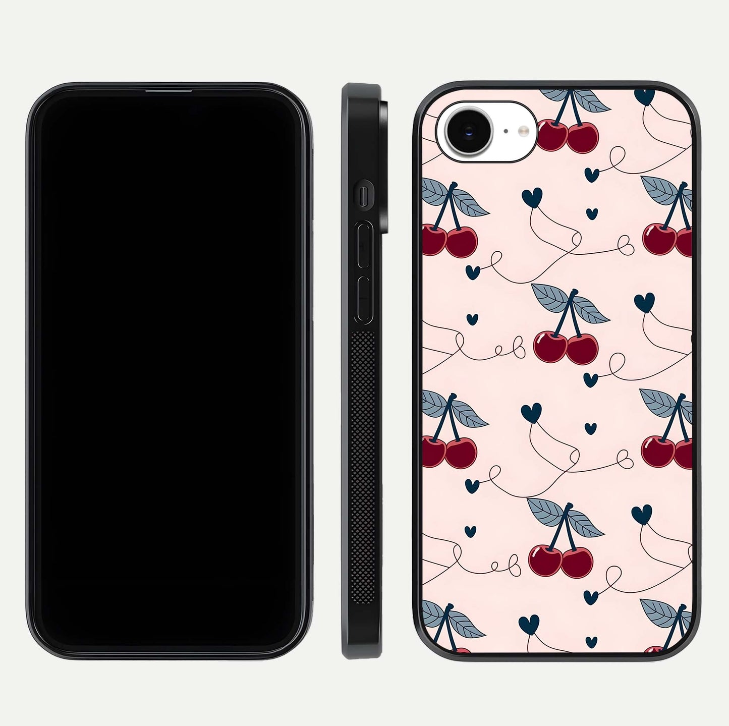 Cherry Heart Line Glass Case for iPhone 16e dual-view layout displaying minimal cherry motif and edge design