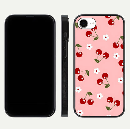Cherry Love Mood Glass Case for iPhone 16e dual-view layout showing design alignment and curved edges
