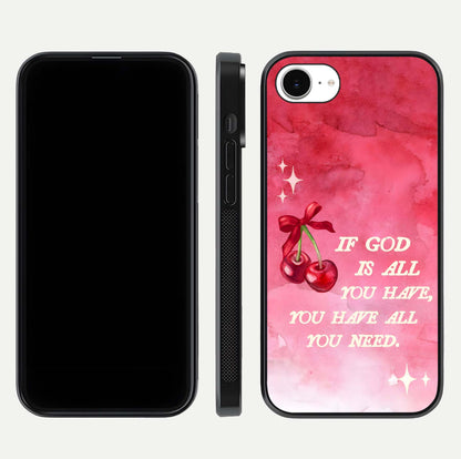 Cherry Quote Glass Case for iPhone 16e dual-view layout showing red cherry tones and text balance