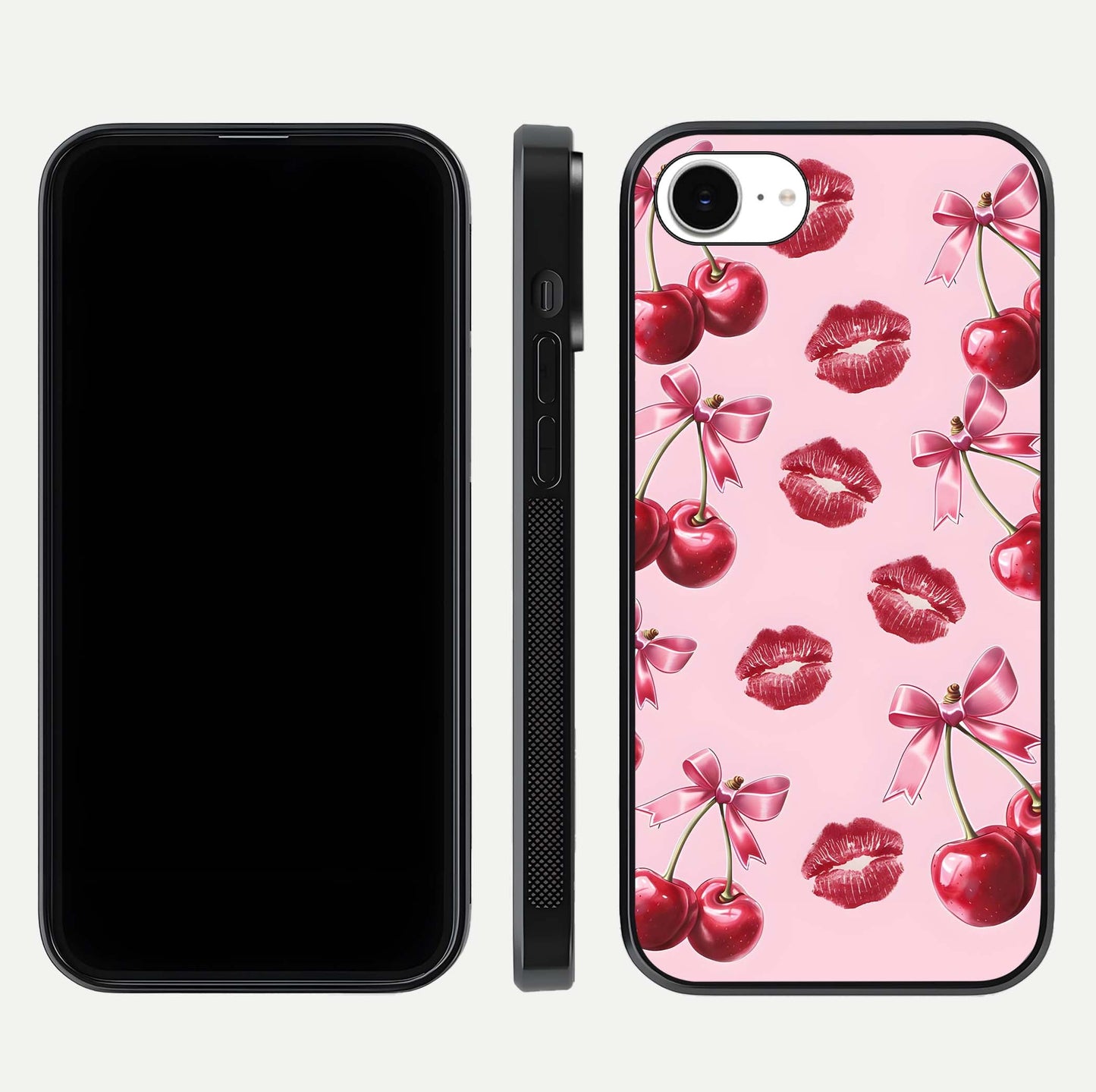 Cherry With Lips Glass Case for iPhone 16e front-and-back layout displaying detailed design and glass finish