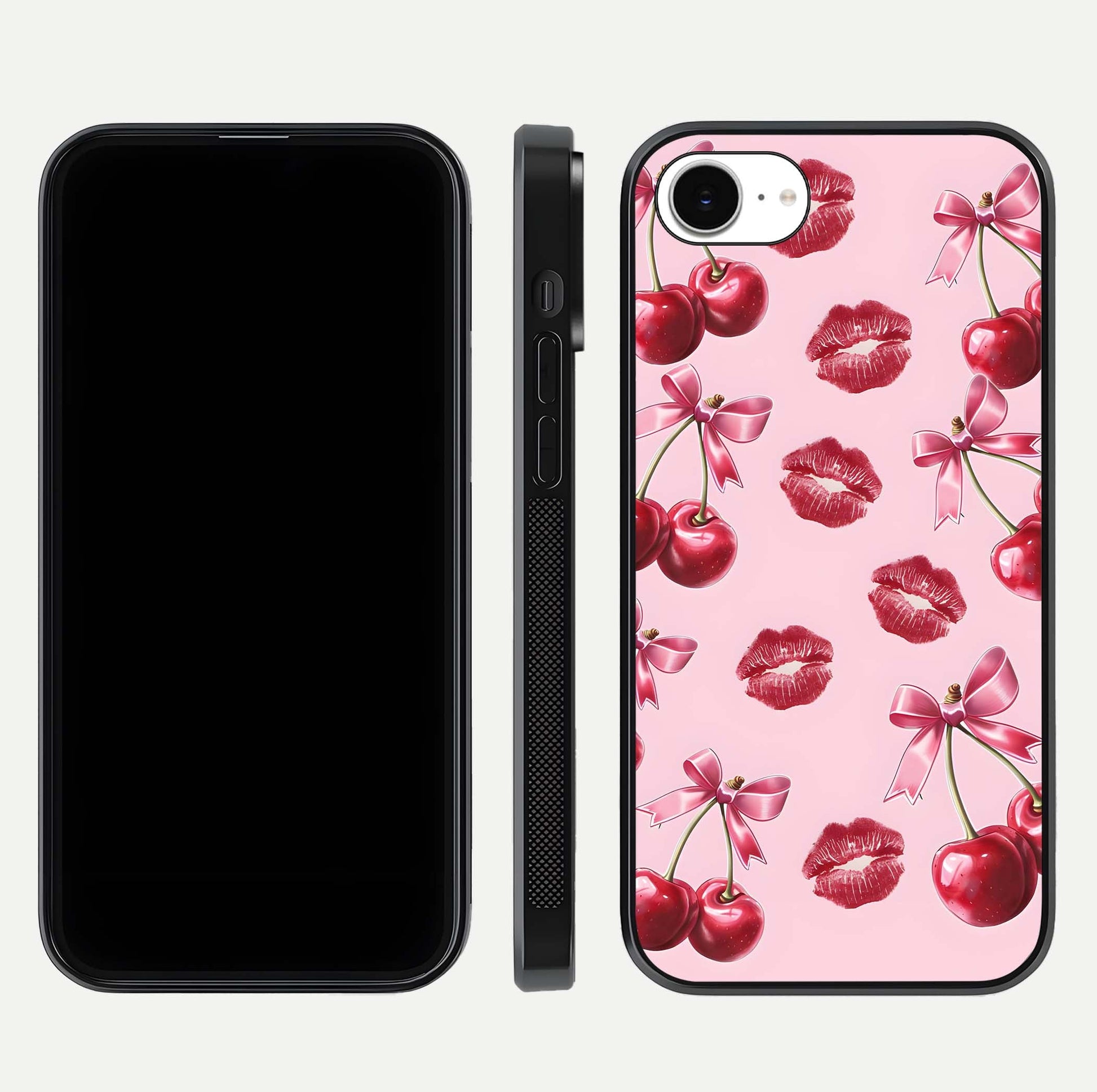 Cherry With Lips Glass Case for iPhone 16e front-and-back layout displaying detailed design and glass finish