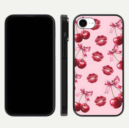 Cherry With Lips Glass Case for iPhone 16e front-and-back layout displaying detailed design and glass finish