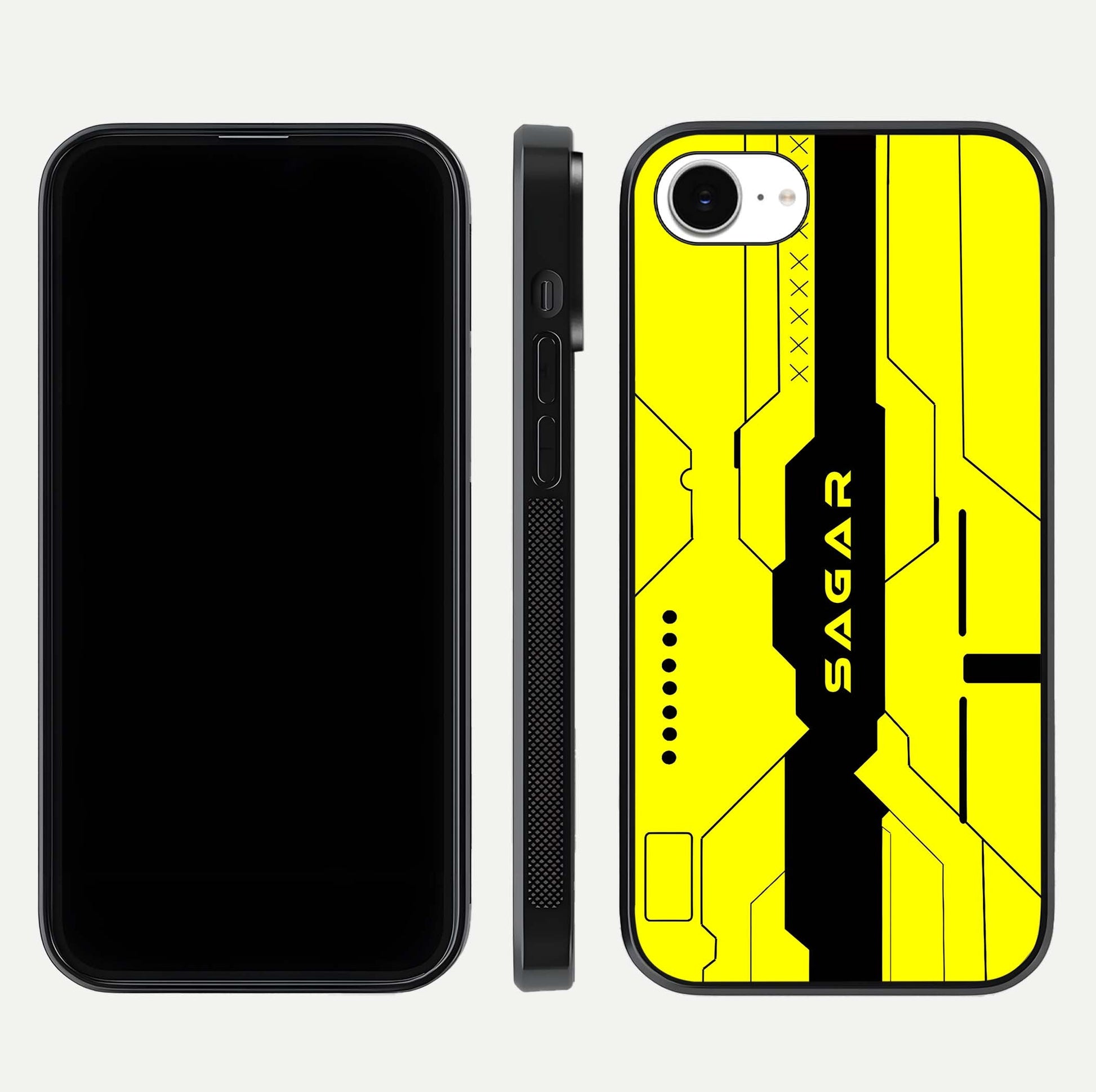 Circuit CYBERPUNK Custom Name Glass Case for iPhone 16e dual-view layout showing bold tech art and edge clarity