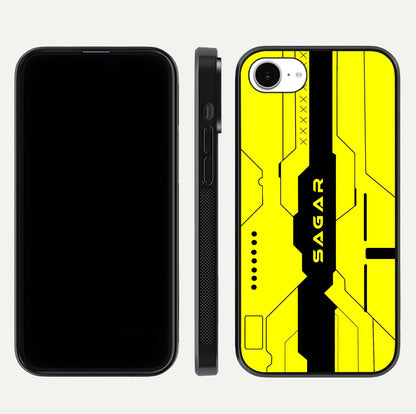 Circuit CYBERPUNK Custom Name Glass Case for iPhone 16e dual-view layout showing bold tech art and edge clarity