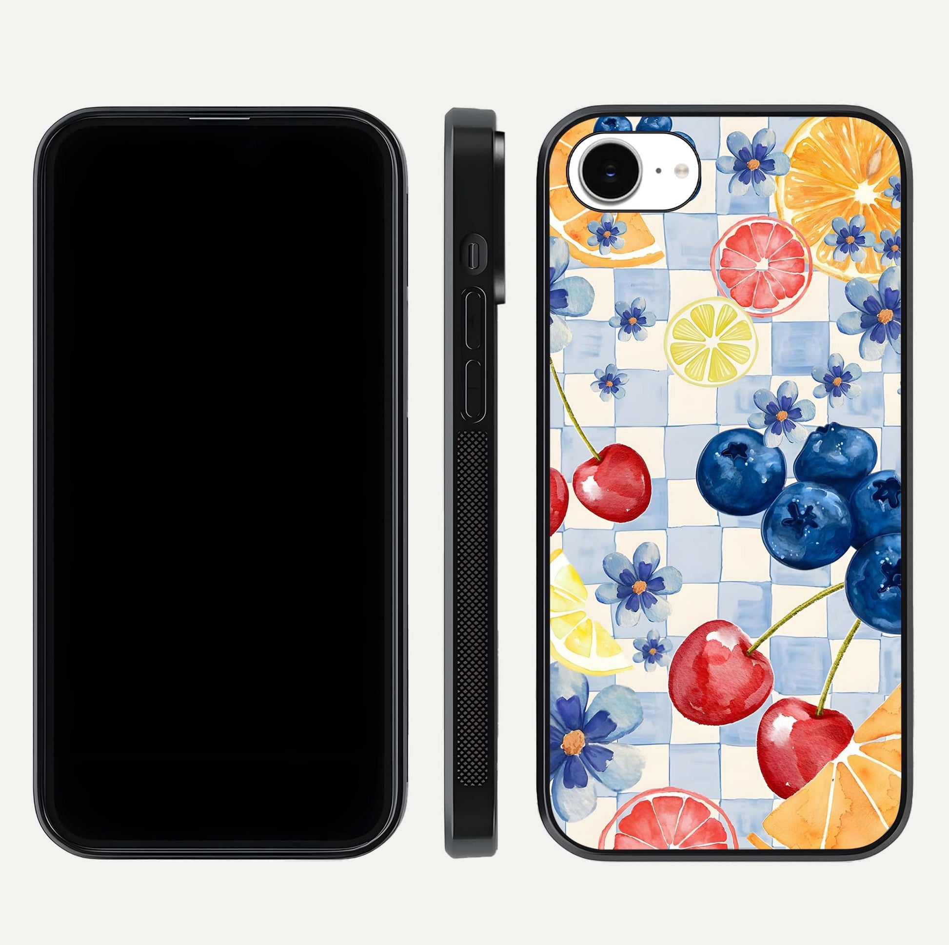 Citrus Bloom Joy Glass Case for iPhone 16e dual-view layout displaying colorful print and smooth edges