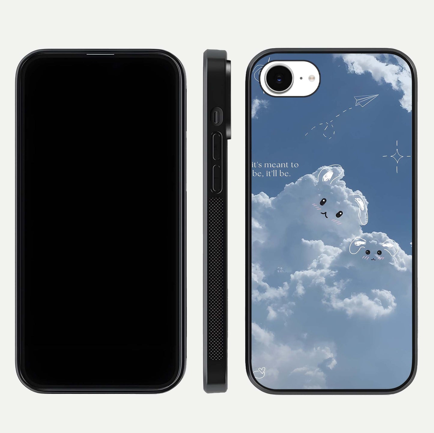 Cloud Bunny Dreams Glass Case for iPhone 16e dual-view layout displaying aesthetic tones and smooth polish