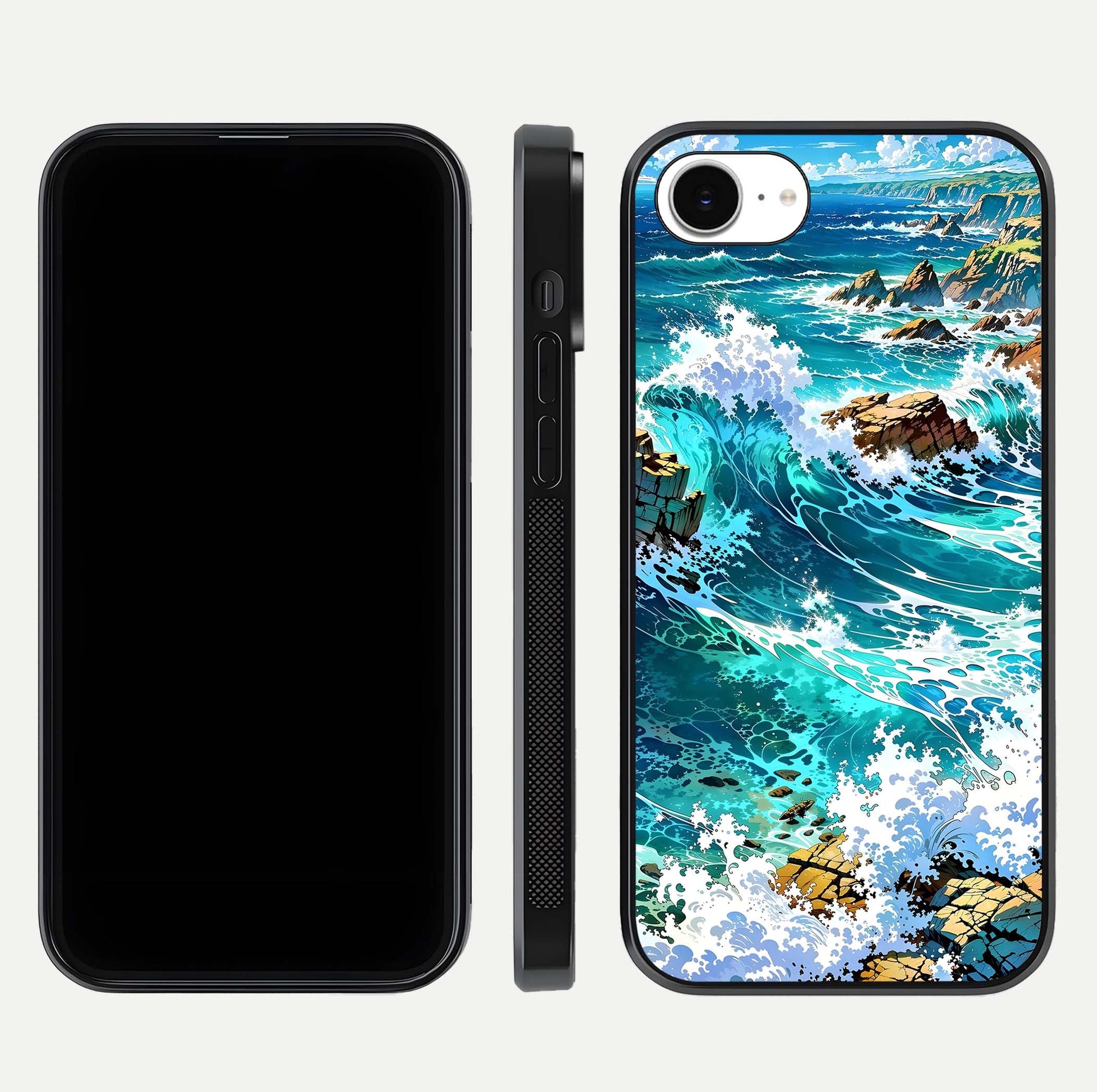 Coastal Blue Waves Glass Case for iPhone 16e dual-view layout displaying sea tones and curved finish
