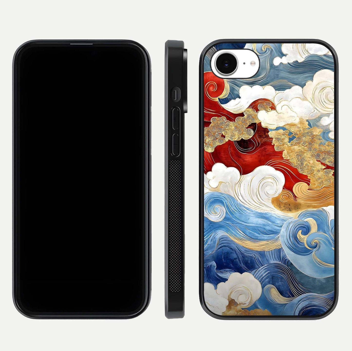 Colored Waves Glass Case for iPhone 16e front & back layout showing smooth edges and vivid print tones