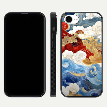 Colored Waves Glass Case for iPhone 16e front & back layout showing smooth edges and vivid print tones