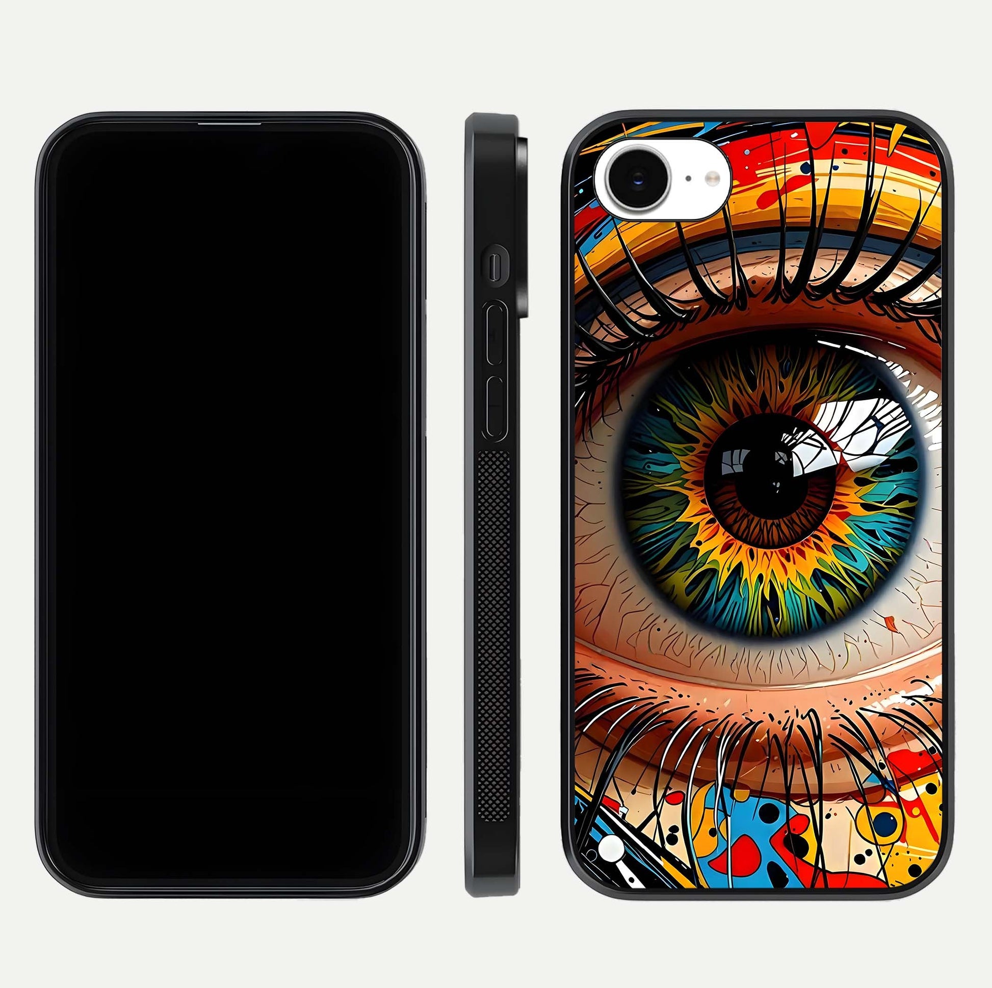 Colorful Eye Glass Case for iPhone 16e dual-view layout displaying vivid tones and smooth glass edges